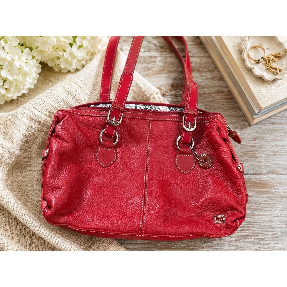The Sak Red Pebbled Zip Top Satchel Top Handle Bag Charm, Silver Hardware